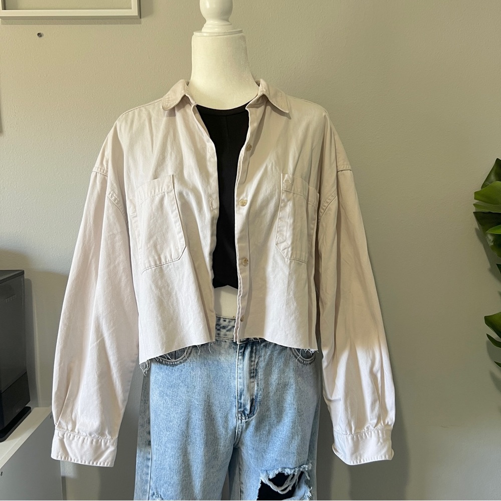 Faded Glory Cropped Button Down Long-Sleeves Shirt